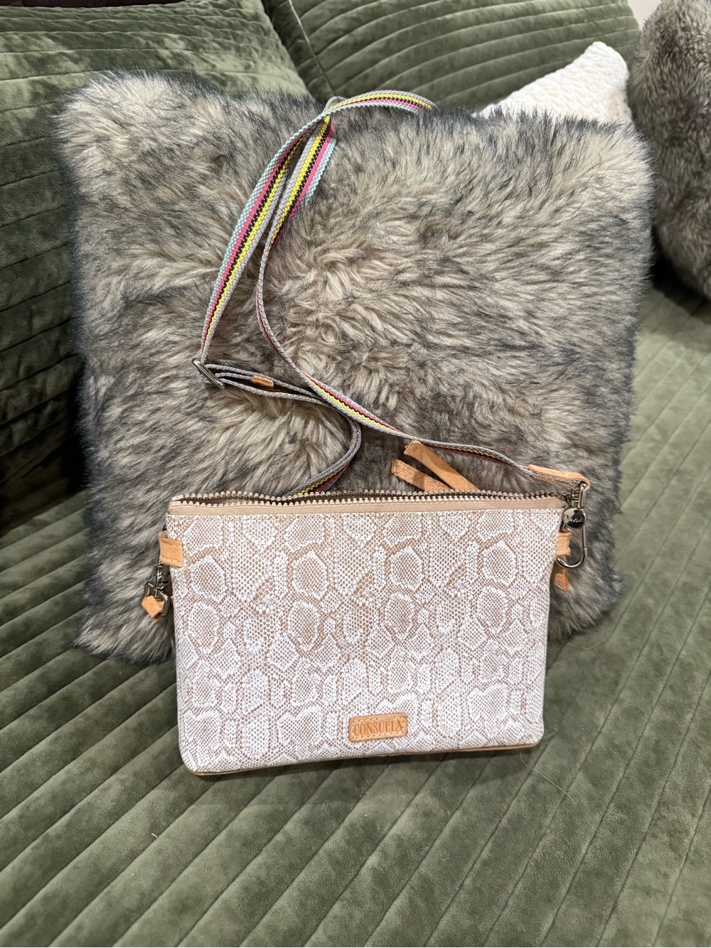 Consuela Beige Snake-Print Crossbody with Multicolor Striped Strap